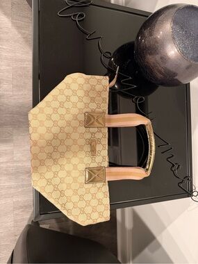 Gucci Beige Brown GG Canvas Tote with Pink Straps